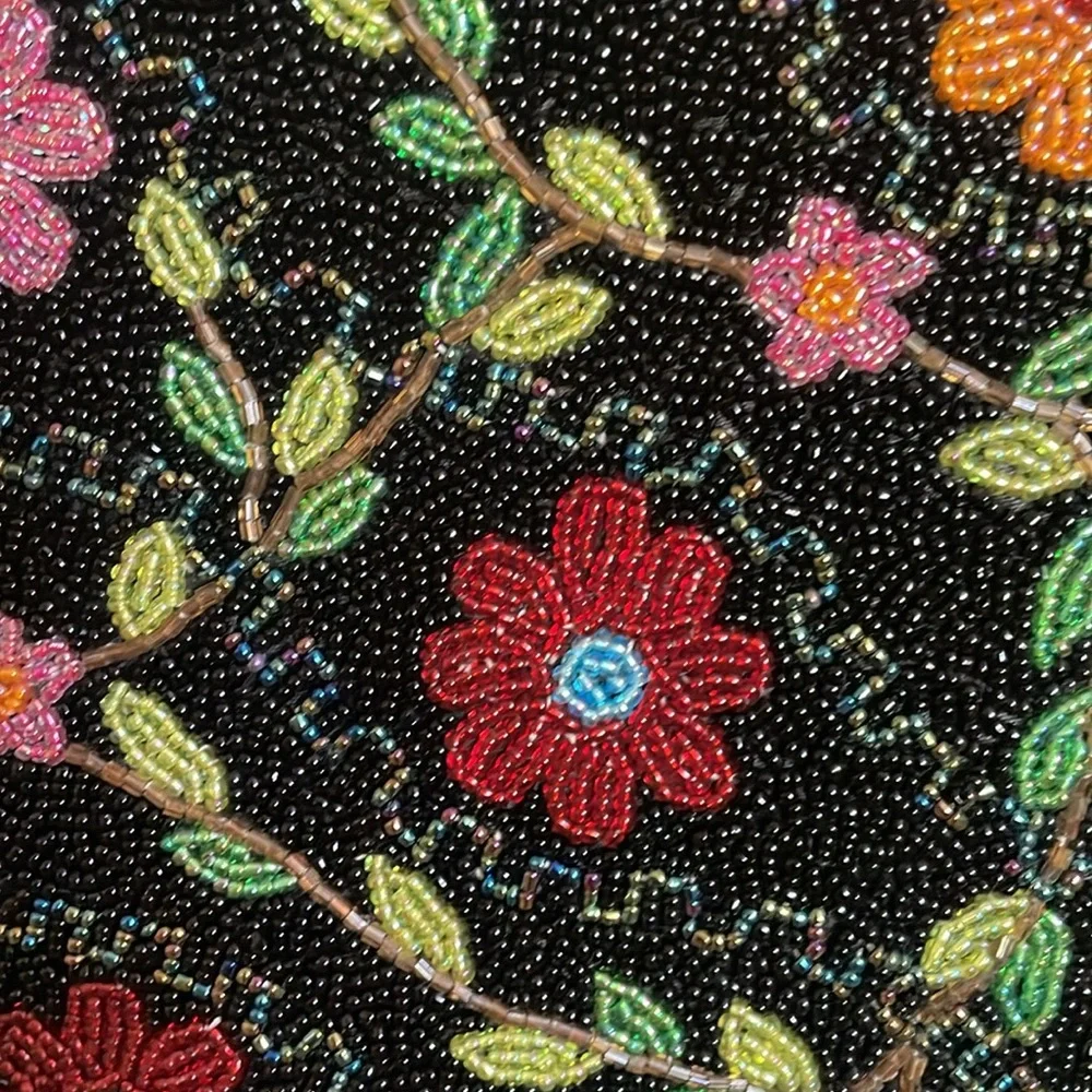 Black Beaded Floral Tote Bag with Round Handles